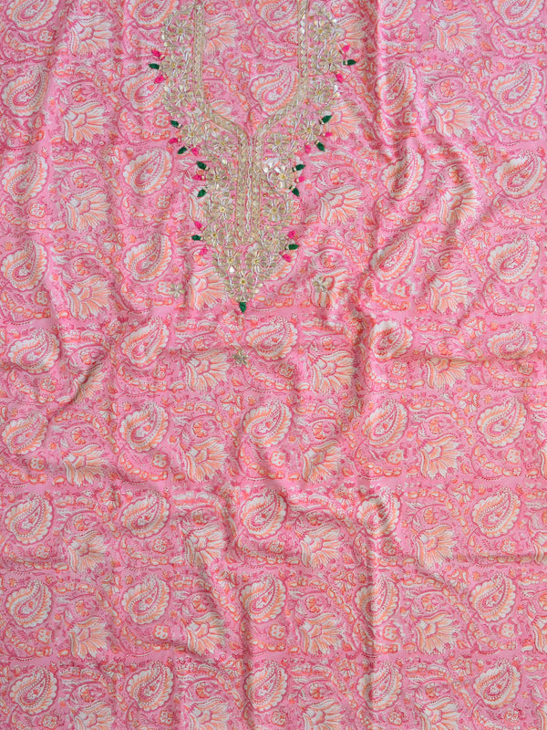 Pure Handloom Mul Cotton Bagru Block Print Gotapatti Suit Set-Pink & White