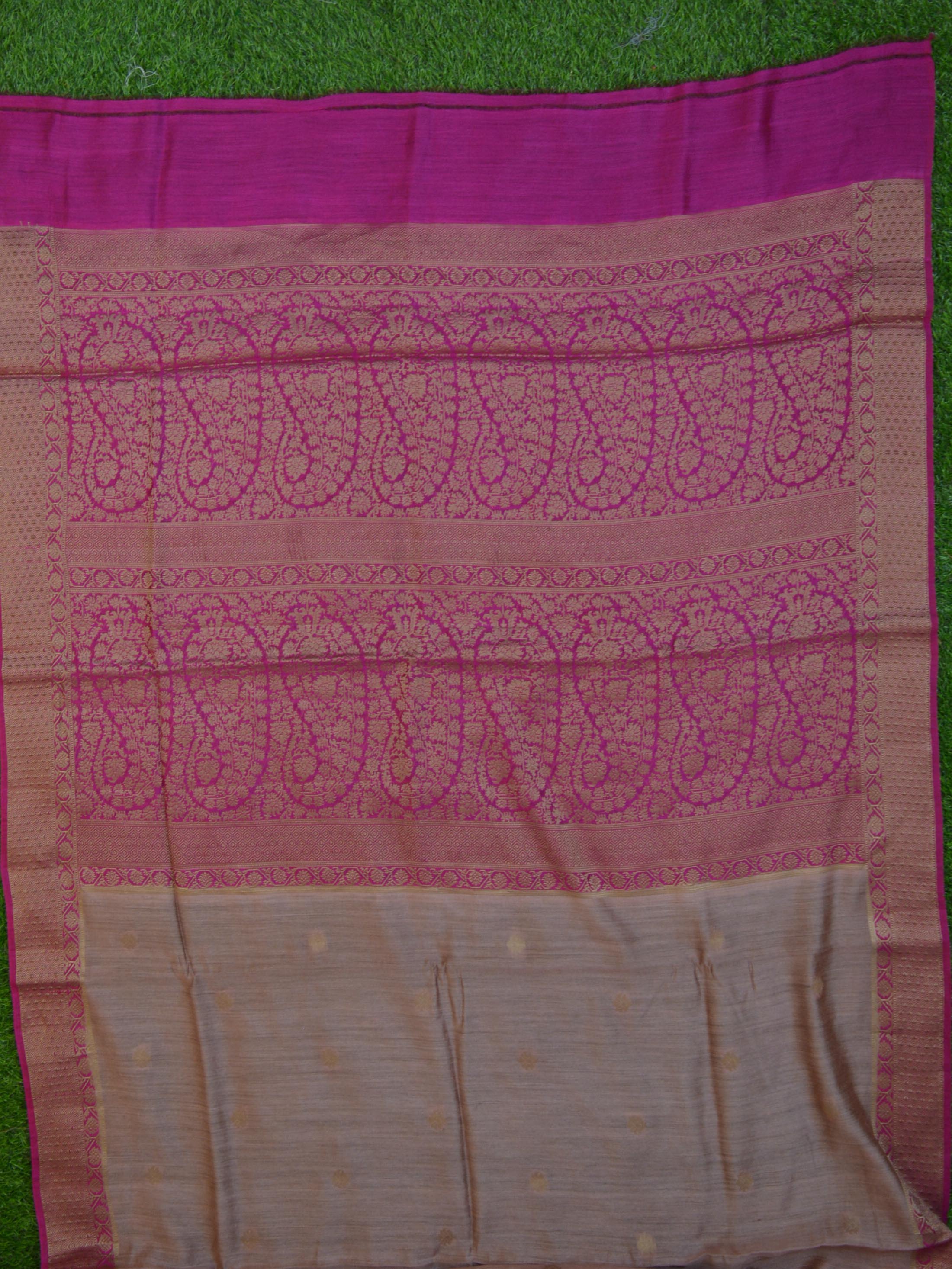 Banarasee Handwoven Pure Muga Silk Sari With Floral Border & Pallu-Salmon Pink