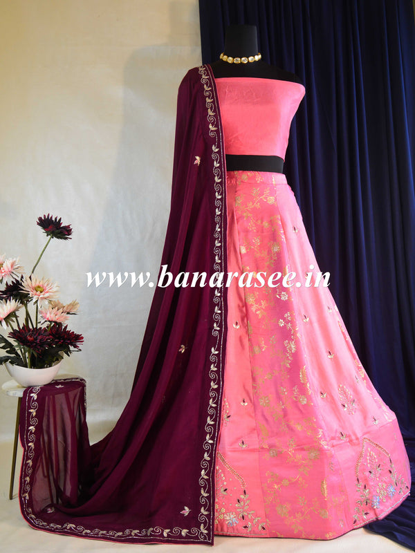 Banarasee Semi-Stitched Katdana & Zardozi Hand-Work Lehenga Blouse & Dupatta-Pink