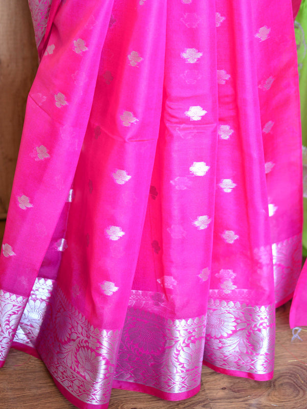Banarasee Organza Saree With Silver Zari Design & Dual Color-Pink & Green