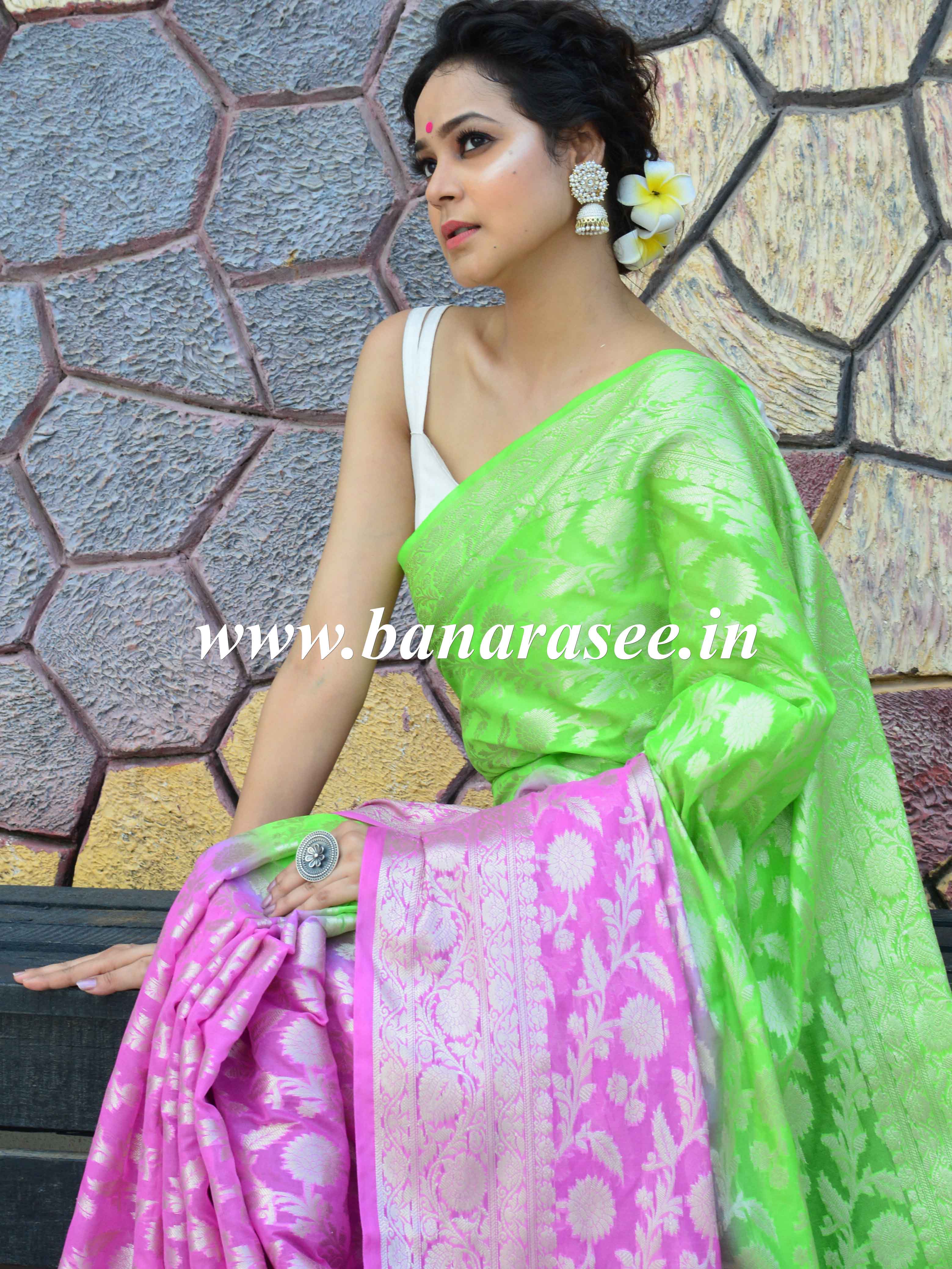 Banarasee Handwoven Semi-Chiffon Saree With Silver Zari & Dual Color-Green & Pink