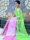 Banarasee Handwoven Semi-Chiffon Saree With Silver Zari & Dual Color-Green & Pink