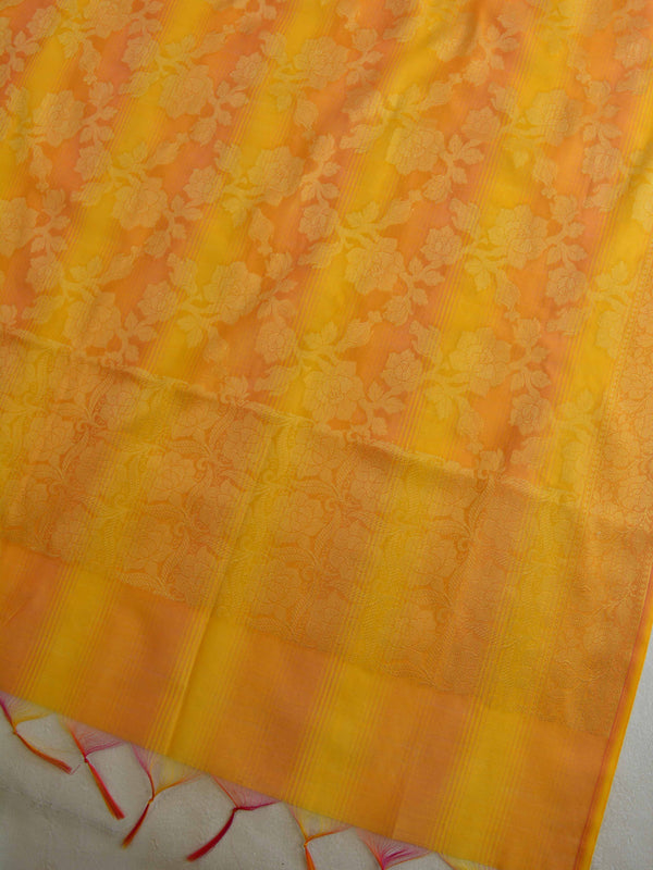 Banarasee Chanderi Cotton Stripes Salwar Kameez Fabric With Dupatta-Yellow
