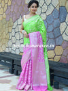 Banarasee Handwoven Semi-Chiffon Saree With Silver Zari & Dual Color-Green & Pink