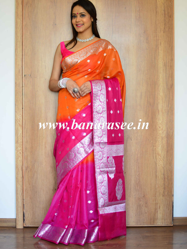 Banarasee Organza Saree With Silver Zari Design & Dual Color-Pink & Orange