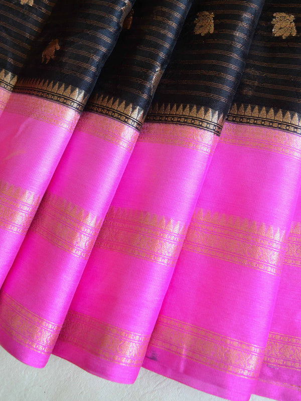 Banarasee Handwoven Soft Semi Silk Saree With Contrast Border Design-Black & Pink