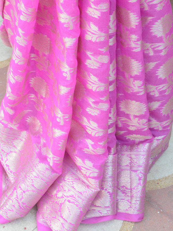 Banarasee Handwoven Semi-Chiffon Saree With Silver Zari & Dual Color-Green & Pink