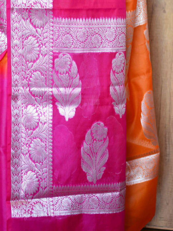 Banarasee Organza Saree With Silver Zari Design & Dual Color-Pink & Orange