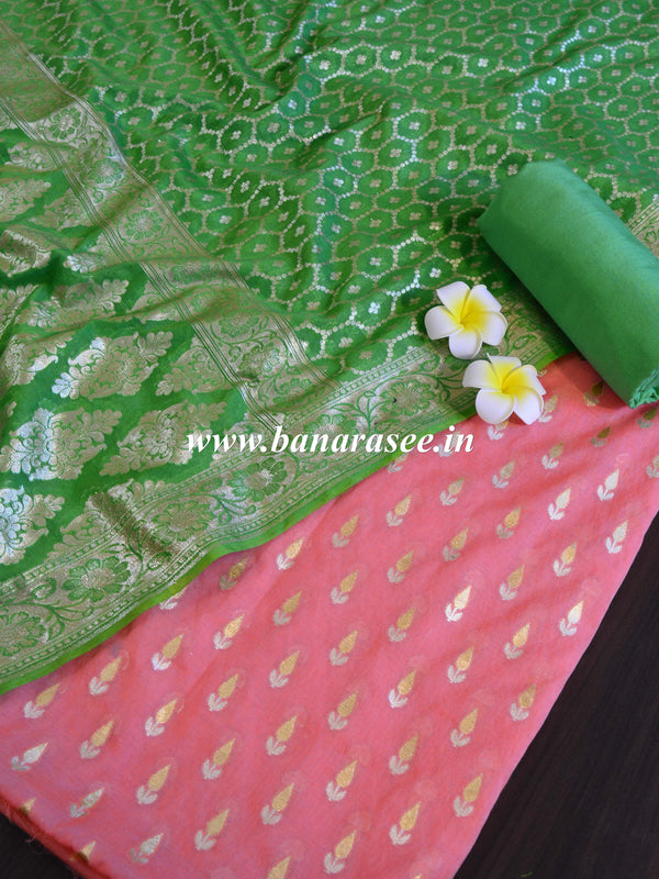 Banarasee Handloom Chanderi Cotton Zari Work Salwar Kameez Dupatta Set-Peach & Green