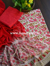 Handloom Mul Cotton Handblock Printed Suit Set With Chiffon Dupatta-Red & White