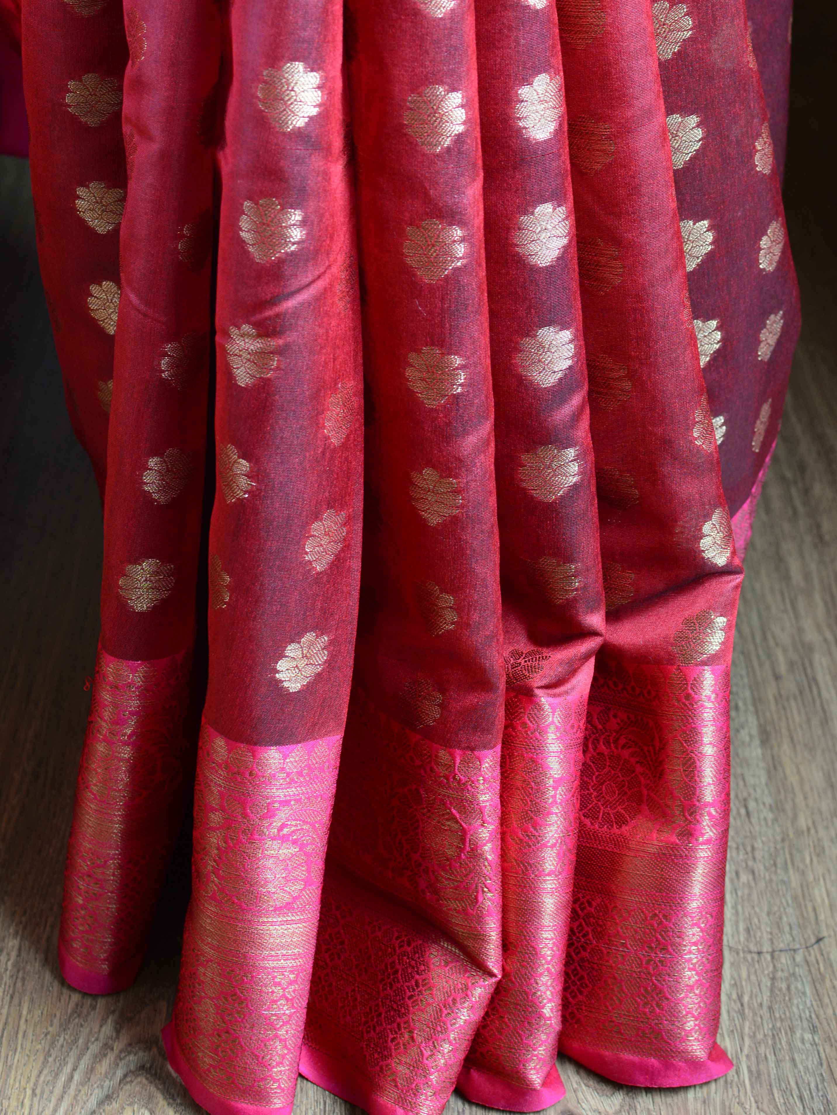 Banarasee Cotton Silk Saree With Antique Zari Buti & Contrast Floral Border-Maroon