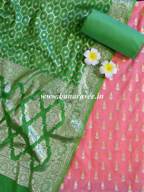 Banarasee Handloom Chanderi Cotton Zari Work Salwar Kameez Dupatta Set-Peach & Green