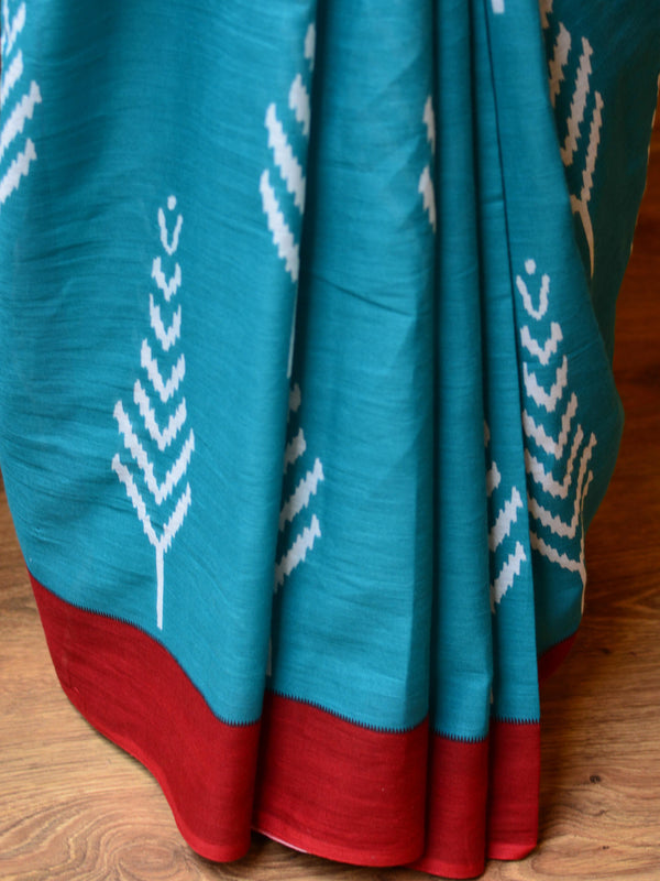 Handloom Mul Cotton Block Print Saree-Blue