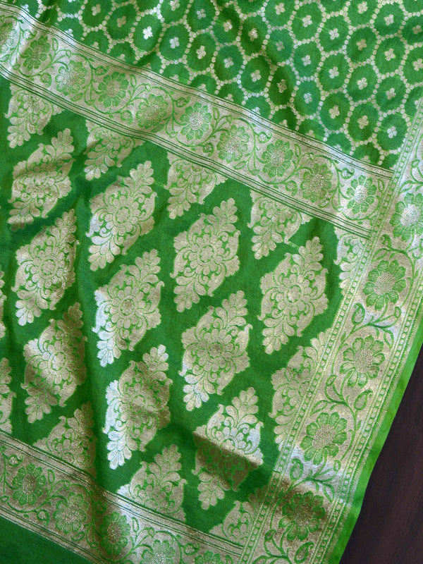 Banarasee Handloom Chanderi Cotton Zari Work Salwar Kameez Dupatta Set-Peach & Green