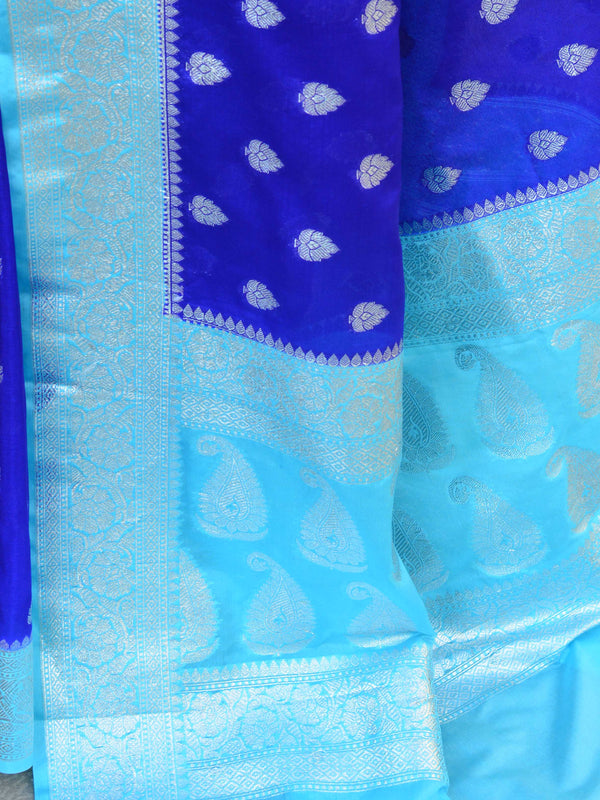 Banarasee Handwoven Faux Georgette Saree With Silver Zari Buti & Contrast Border Design-Royal Blue