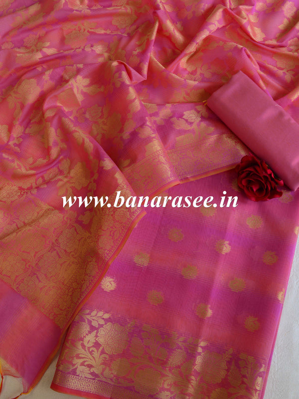 Banarasee Chanderi Cotton Stripes Salwar Kameez Fabric With Dupatta-Pink