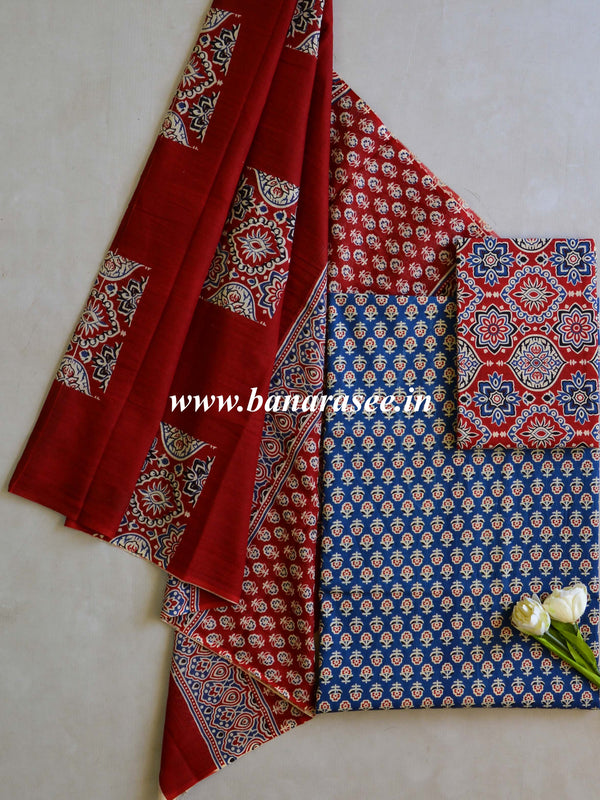 Handloom Mul Cotton Handblock Printed Suit Set-Blue & Red