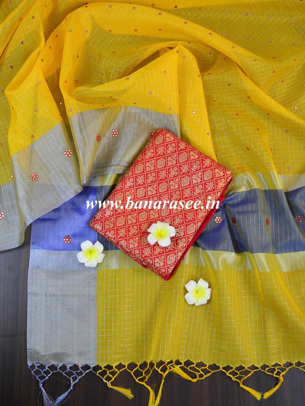 Banarasee Tissue Mirror Work Saree With Contrast Brocade Blouse-Yellow