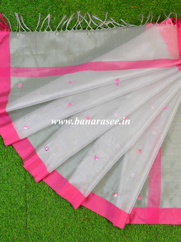 Banarasee Mirror Work Tissue Dupatta-Silver