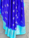Banarasee Handwoven Faux Georgette Saree With Silver Zari Buti & Contrast Border Design-Royal Blue