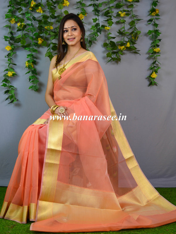 Banarasee Organza Mix Saree With Zari Border-Peach