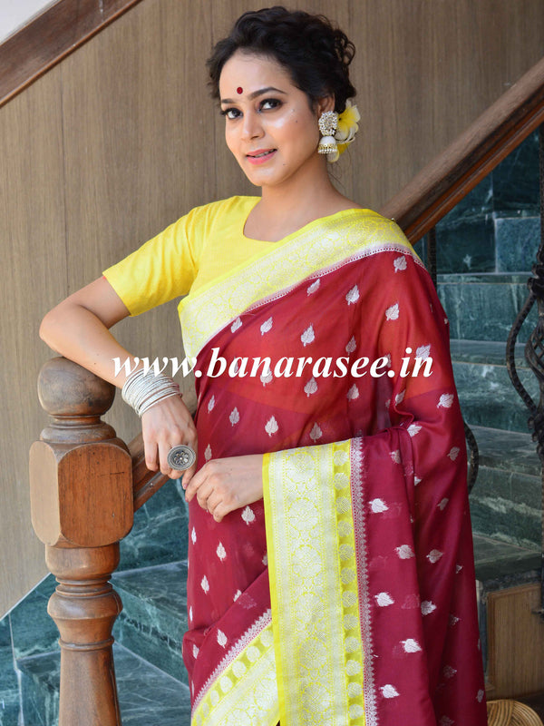 Banarasee Handwoven Faux Georgette Saree With Silver Zari Buti & Contrast Border Design-Maroon