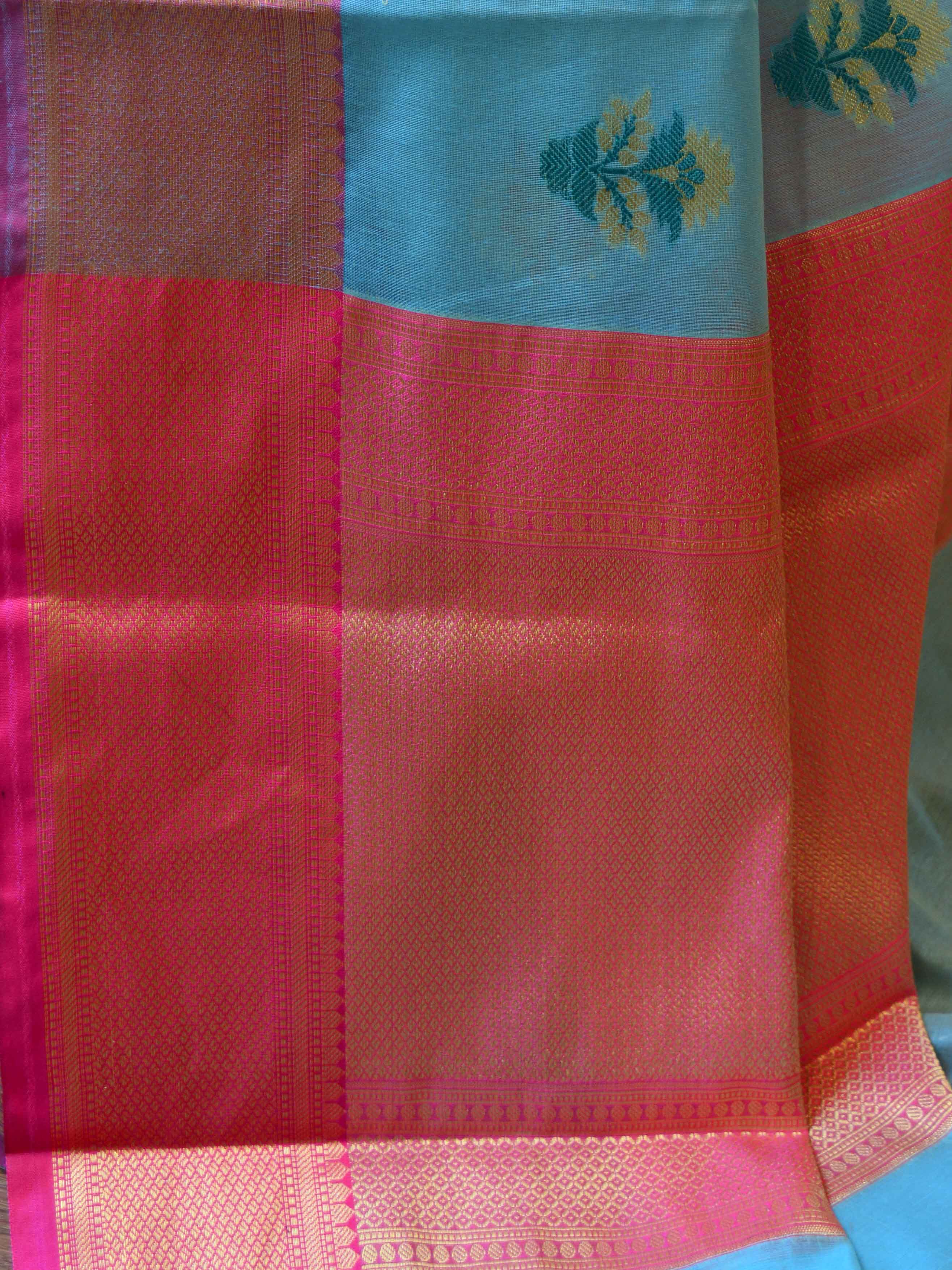 Banarasee Cotton Silk Saree With Resham & Zari Leaf Buta & Border-Sky Blue
