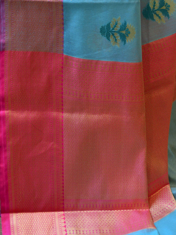 Banarasee Cotton Silk Saree With Resham & Zari Leaf Buta & Border-Sky Blue