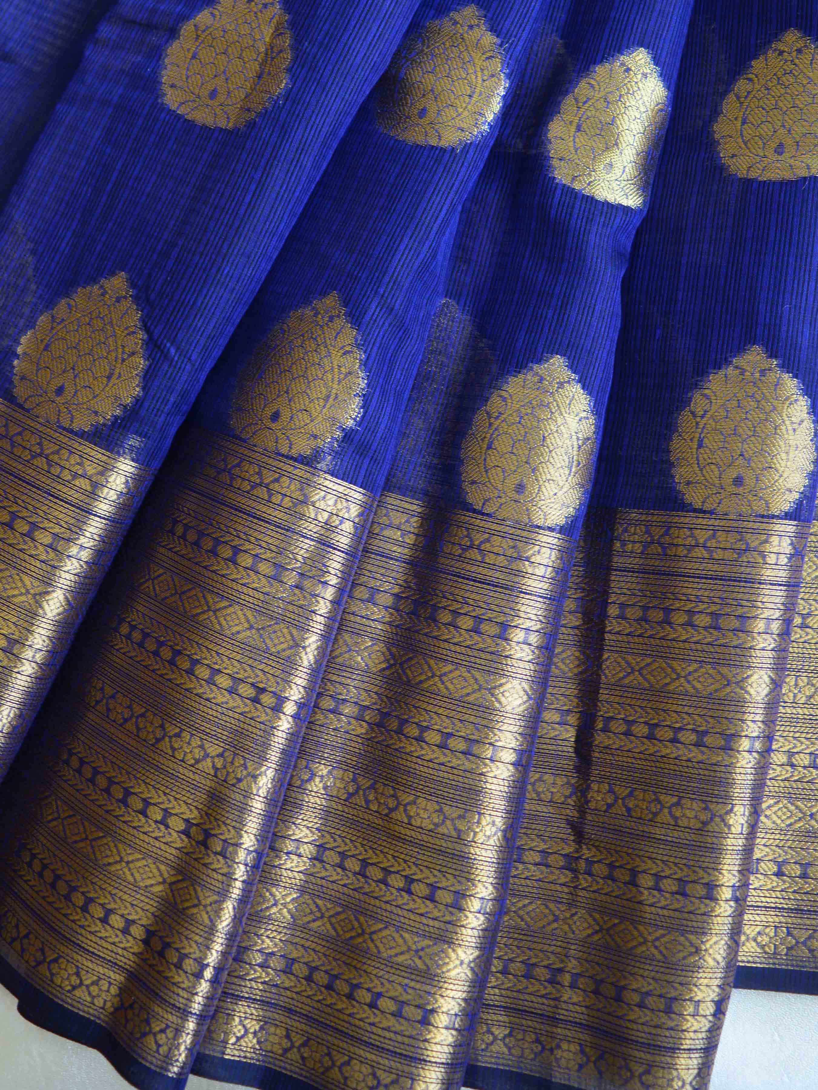 Banarasee Cotton Silk  Saree With Antique Zari Buta & Border-Deep Blue