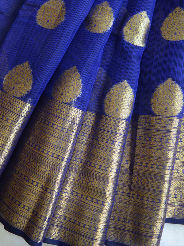 Banarasee Cotton Silk  Saree With Antique Zari Buta & Border-Deep Blue