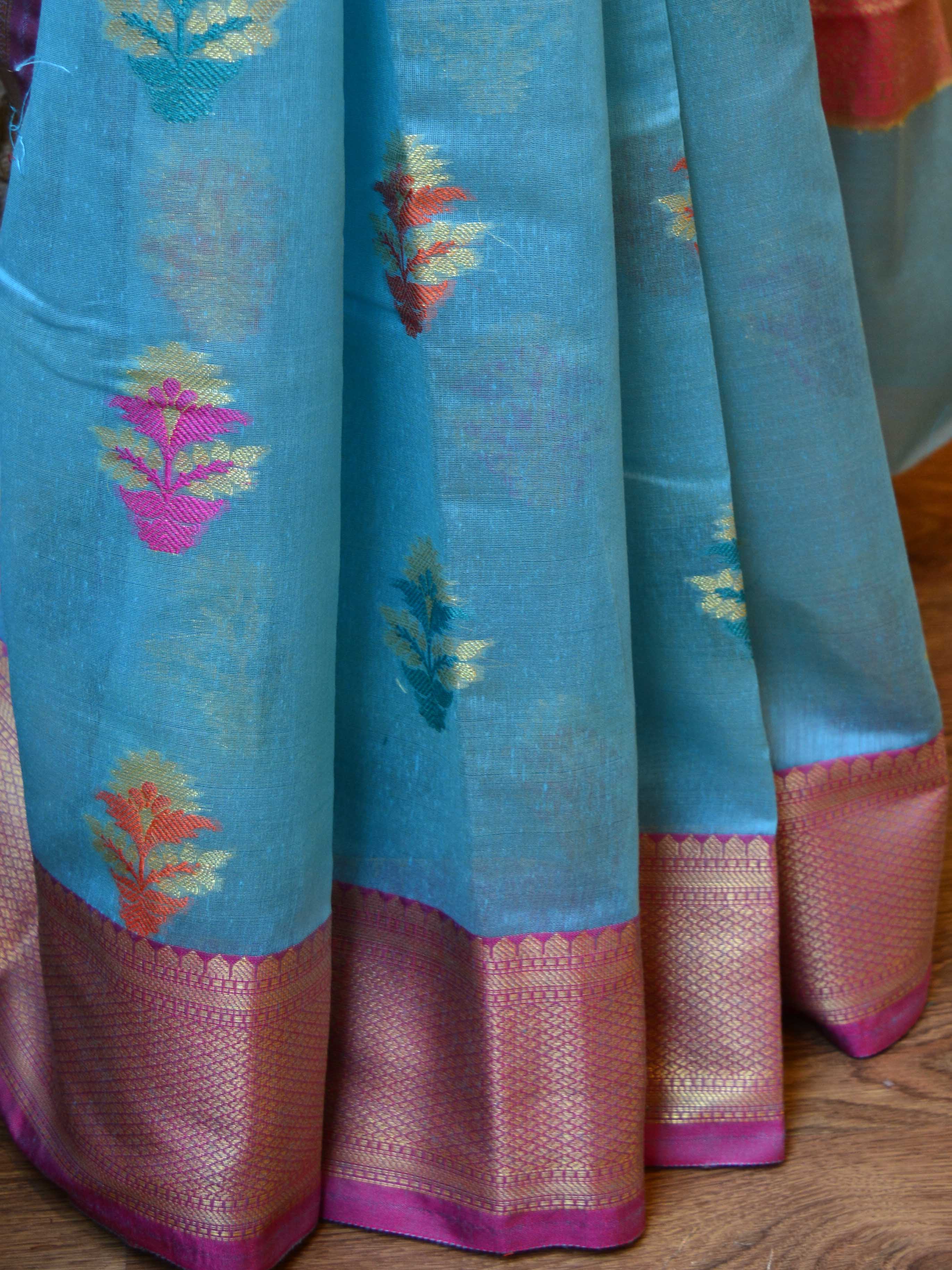 Banarasee Cotton Silk Saree With Resham & Zari Leaf Buta & Border-Sky Blue