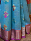 Banarasee Cotton Silk Saree With Resham & Zari Leaf Buta & Border-Sky Blue