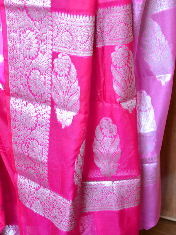 Banarasee Organza Saree With Silver Zari Design & Dual Color-Pink