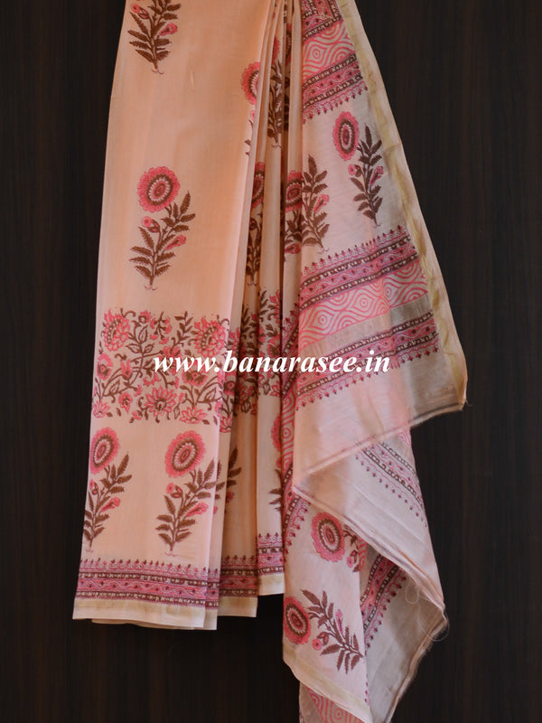 Handloom Chanderi Bagru Block Printed Saree-Peach