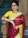 Banarasee Handwoven Faux Georgette Saree With Silver Zari Buti & Contrast Border Design-Maroon