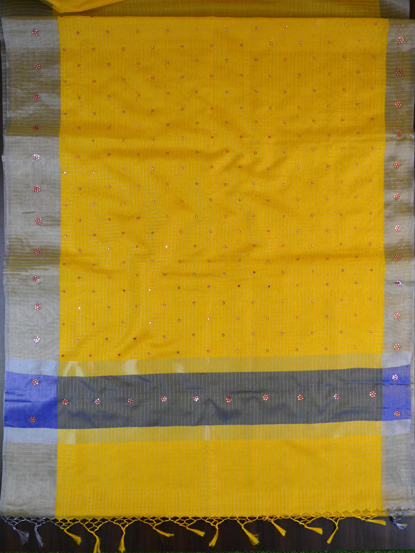Banarasee Tissue Mirror Work Saree With Contrast Brocade Blouse-Yellow