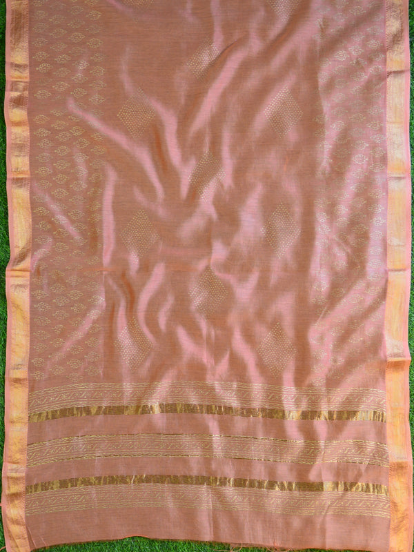 Maheshwari Silk Salwar Kameez Fabric & Dupatta With Bagru Hand-Print-Peach & wine