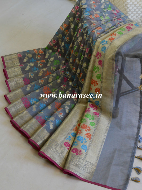 Banarasee Cotton Silk Mix Saree With Silver Zari & Jaal Design-Grey