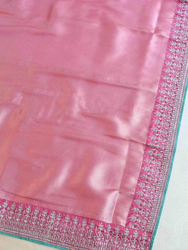 Banarasee Soft Silk Self weaving Saree With Embroidered Border & Contrast Embroidered Blouse-Pink