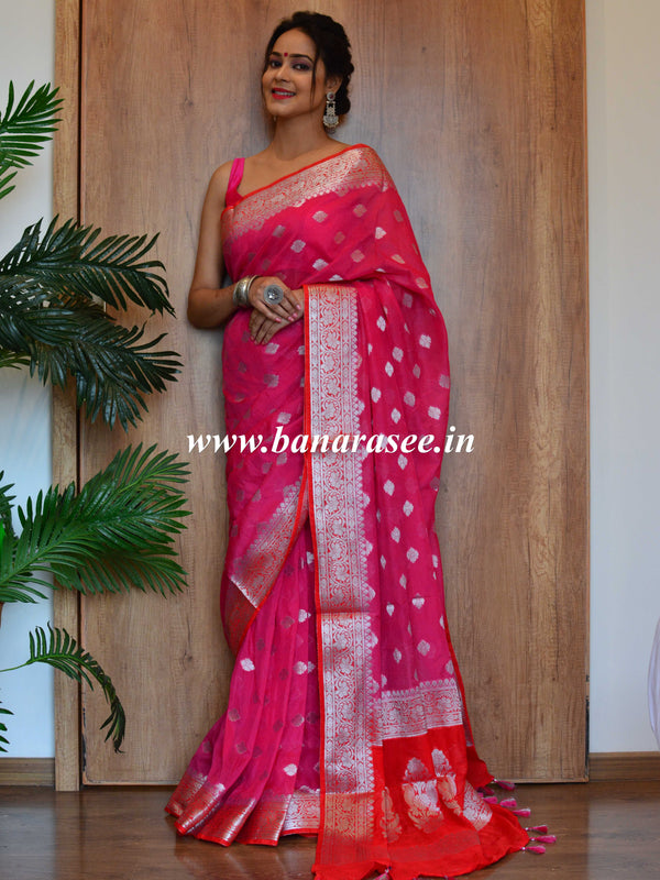 Banarasee Handwoven Semi-Chiffon Sari With Buta Design-Pink & Red