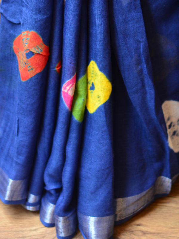 Banarasee Linen Cotton Bagru Hand-Block Printed Saree-Blue