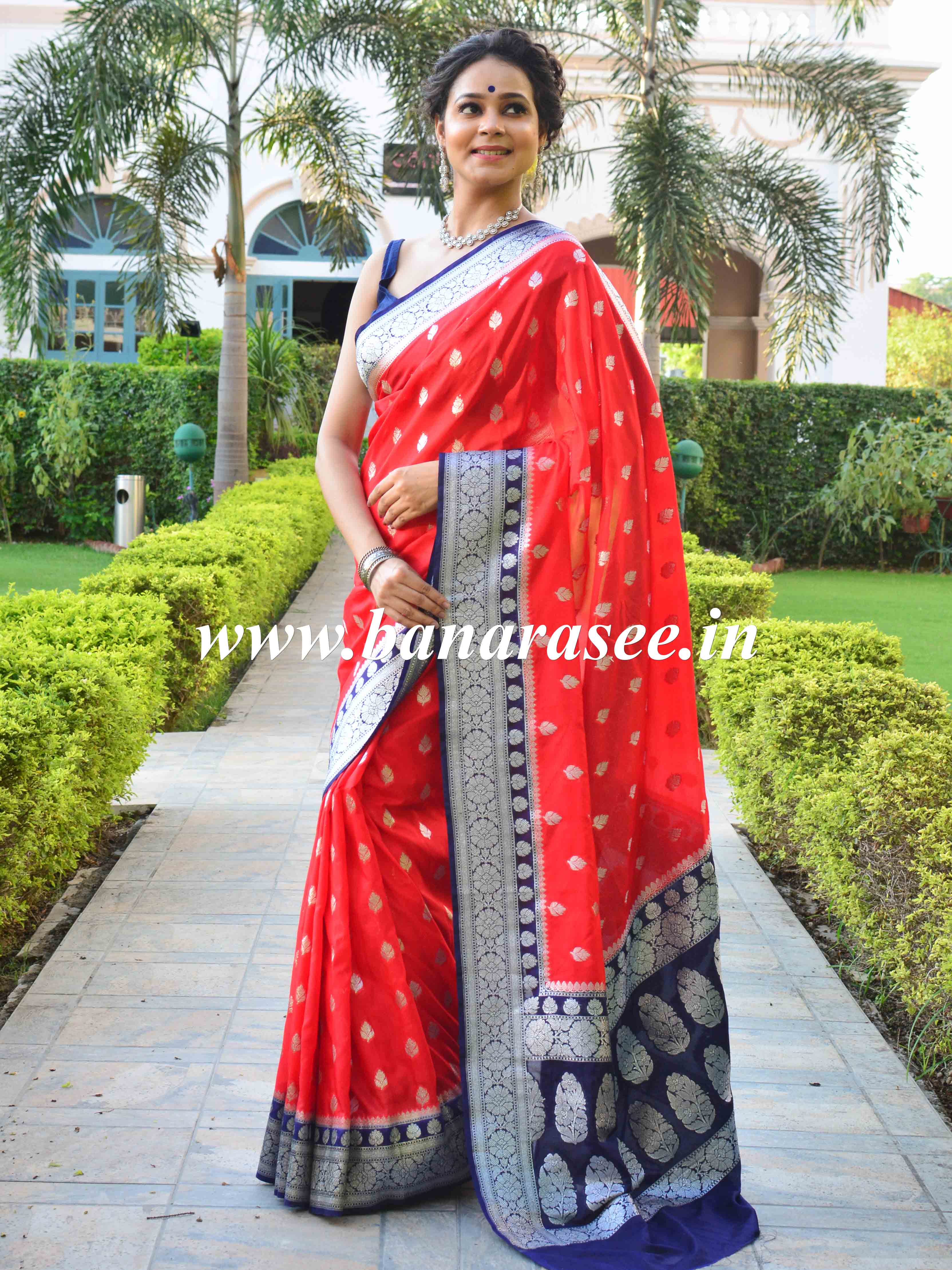 Banarasee Handwoven Faux Georgette Saree With Silver Zari Buti & Contrast Border Design-Red