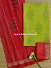 Handloom Mul Cotton Handblock Printed Suit Set-Lime Green & Red