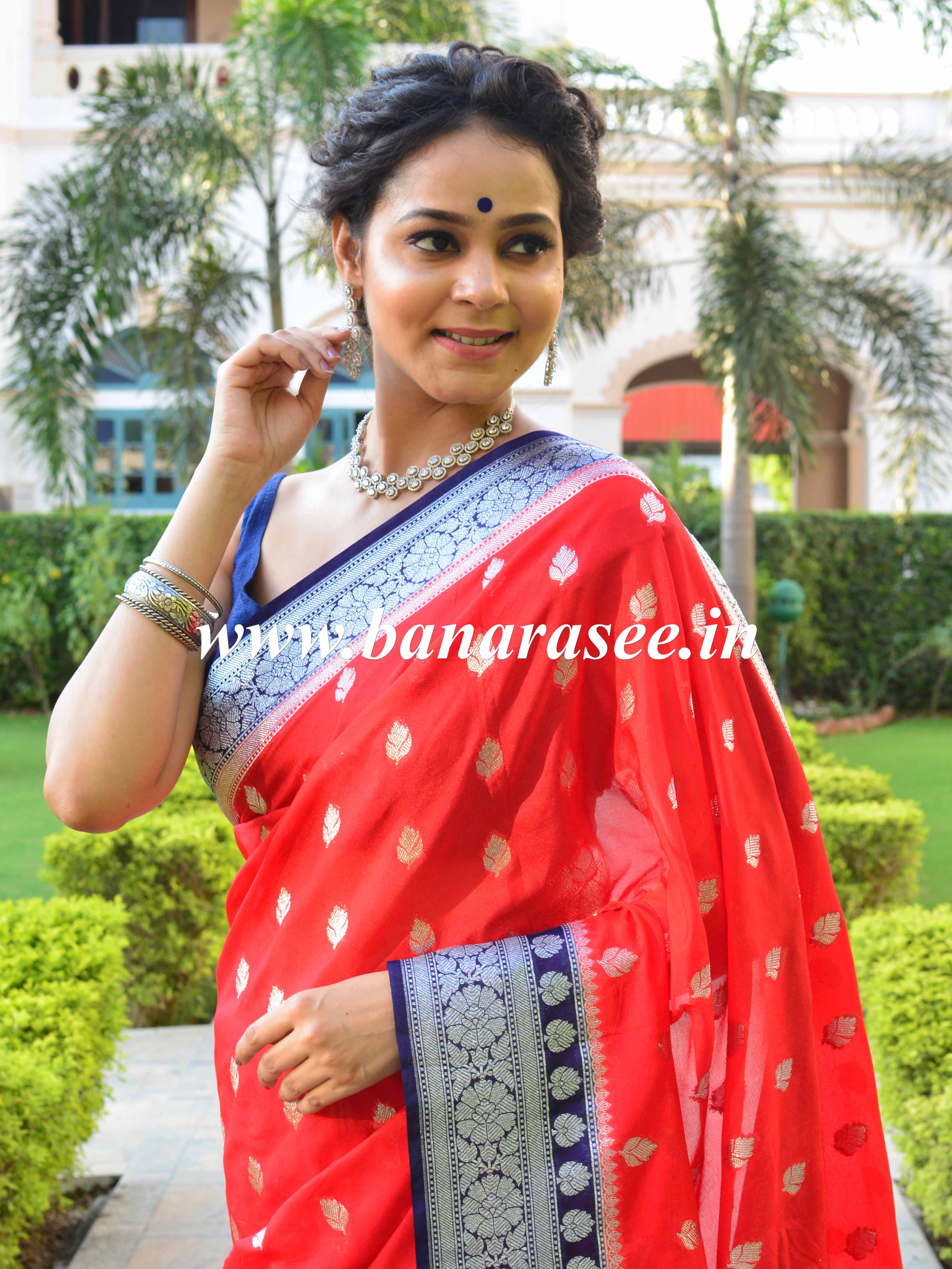 Banarasee Handwoven Faux Georgette Saree With Silver Zari Buti & Contrast Border Design-Red