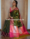 Banarasee Handloom Linen Silk Mix Antique Zari Buta Saree-Olive Green