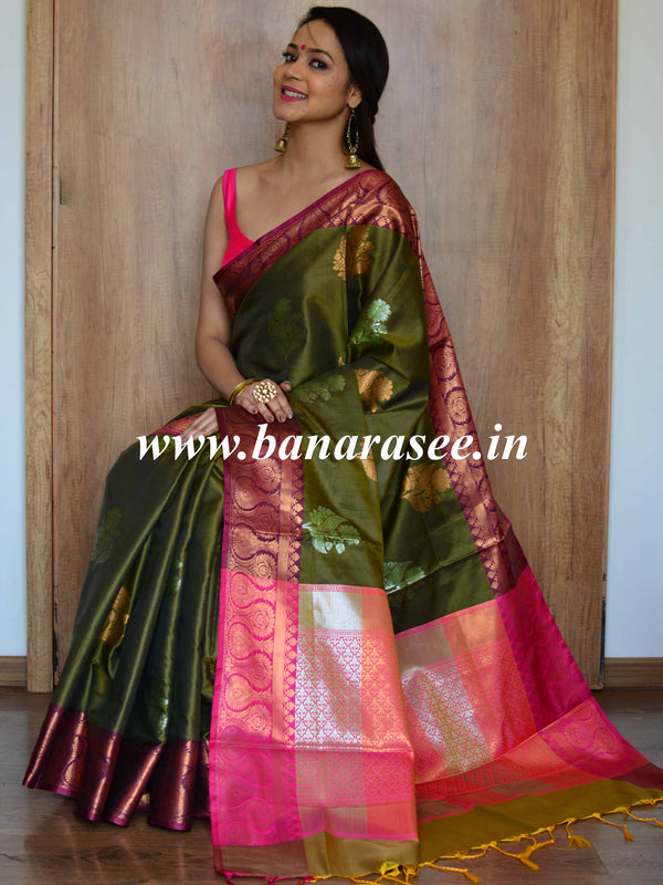 Banarasee Handloom Linen Silk Mix Antique Zari Buta Saree-Olive Green