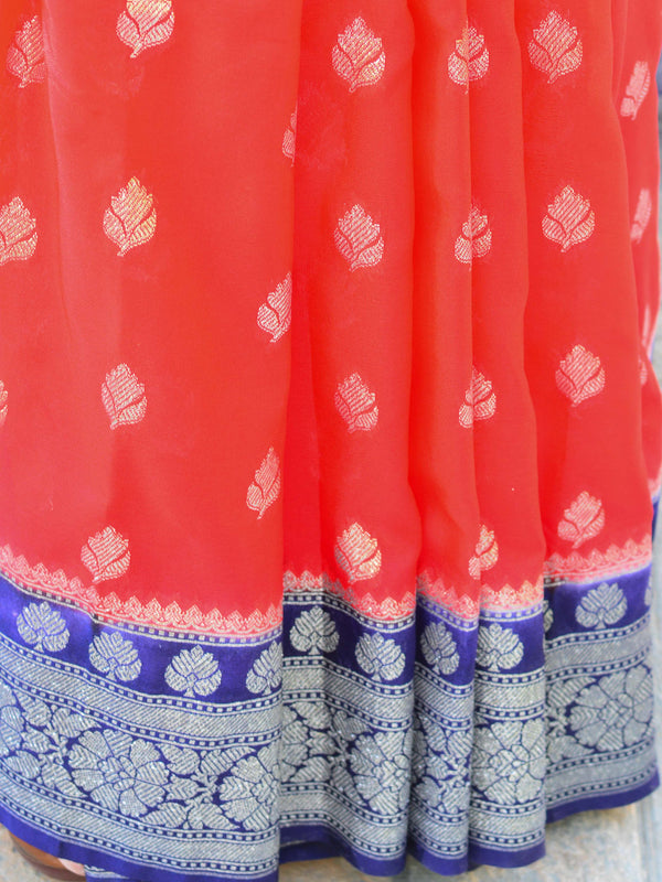 Banarasee Handwoven Faux Georgette Saree With Silver Zari Buti & Contrast Border Design-Red