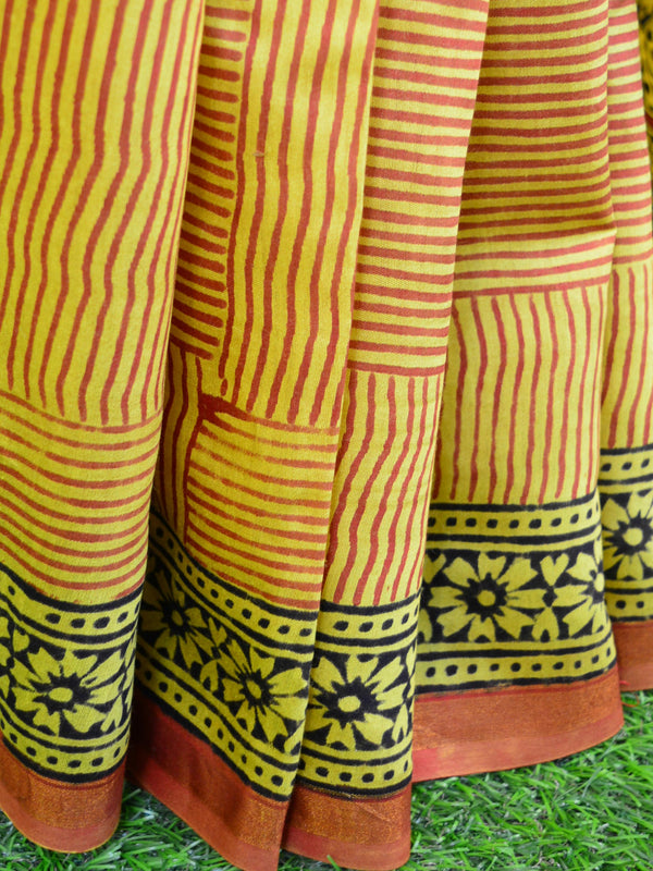 Banarasee Handloom Chanderi Bagru Block Printed Saree-Turmeric Yellow