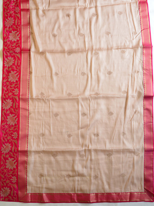 Banarasee Silk Blend Saree With Woven Zari Border & Contrast Blouse-Rose Pink