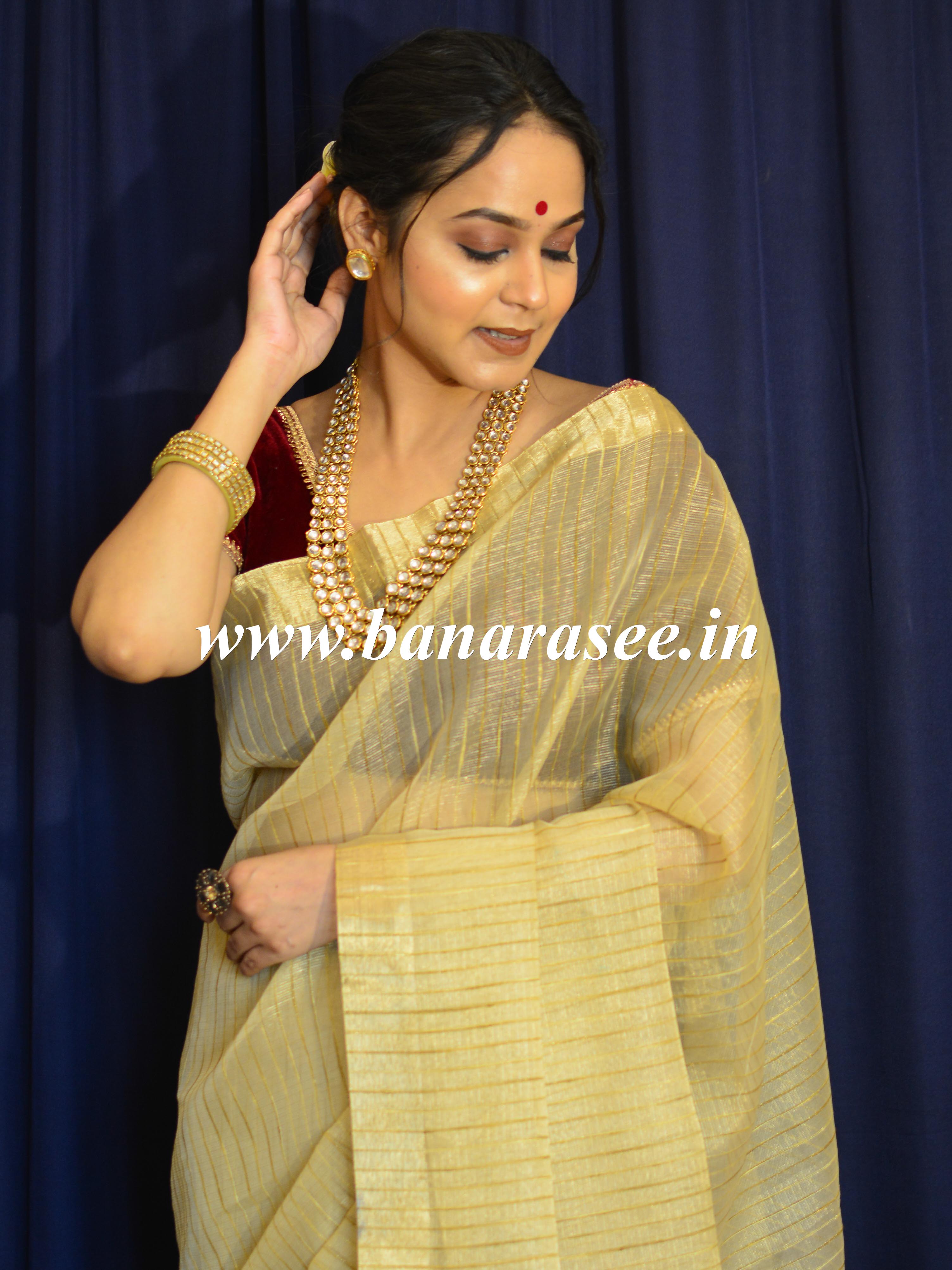 Banarasee Handwoven Gichha Stripes Tissue Saree With Solid Zari Border-Gold